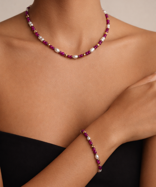 Yakut & İnci 5’li Özel Tasarım Kolye – Bileklik Seti